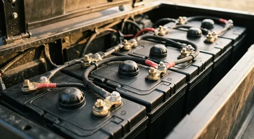 Close-up of deep-cycle golf cart battery cells in warm light, highlighting the black casings and rows of vent caps.
